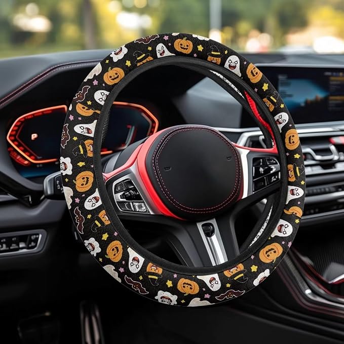 Elastic Steering Wheel Cover Non-Slip Steering Wheel Protection | Ghost Pumpkin Print, Halloween Decor, Steering Wheel Protector No Smell Fashion Machine Washable Universal