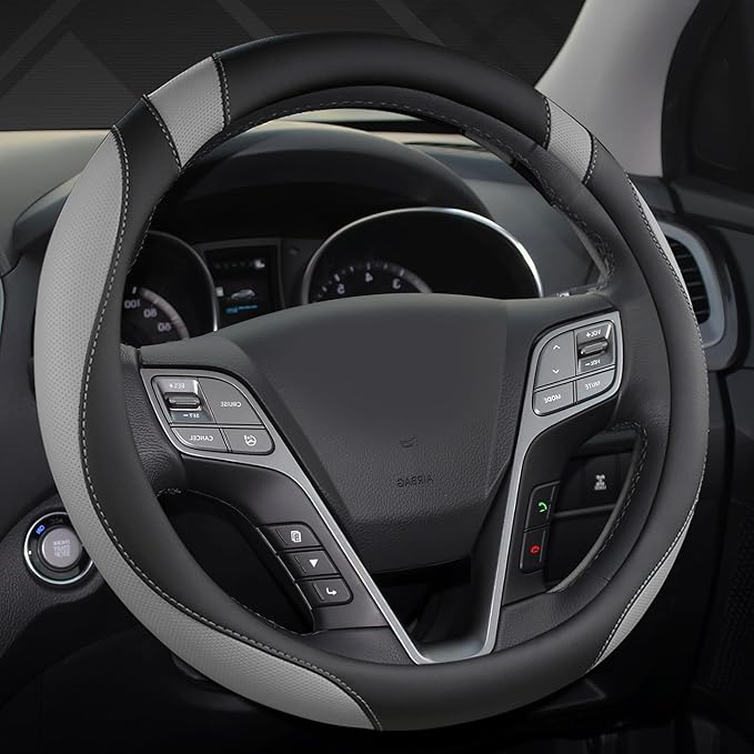 Customized Auto Car Steering Wheel Cover for Hyundai,Tucson,Sonata,Elantra,Santa Fe,Genesis,Sonata Hybrid,Azera,Venue,Kona, 14.5-15 inches(Black+Gray - Standard Size)