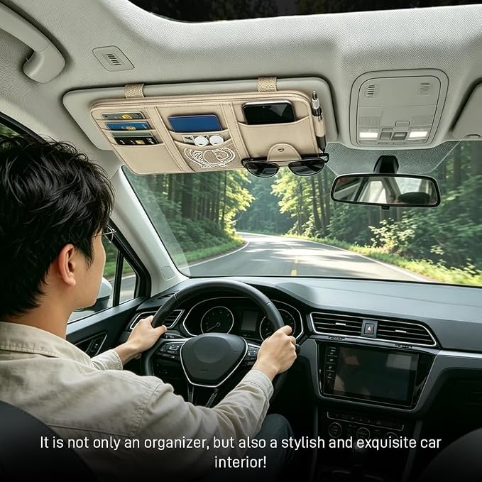 Car Sun Visor Organizer, Truck Visor Organizer, Leather Multi-Pocket Auto Visor Storage Pocket Pouch Holder with Zipper, Auto Accessories Storage Bag for Driving License Card Pen (Beige)