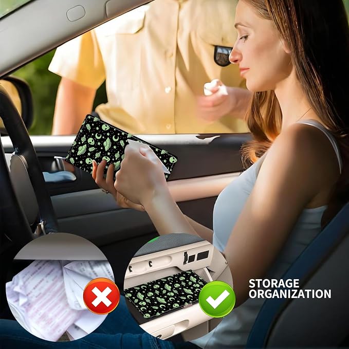 Leather Car Registration and Insurance Card Holder, Cute Car Accessories Vehicle Glove Box Car Organizer for Documents, Cards, License Cute Green Aliens