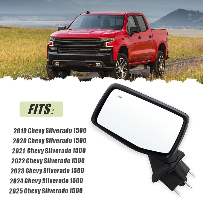 Left Driver Side Mirror Compatible With 2019-2025 Chevy Silverado 1500 With Power Glass Power Folding Heated Turn Signal Puddle Lights Mirror Memory Blind Spot Chrome Replace#84898867(14Pins)