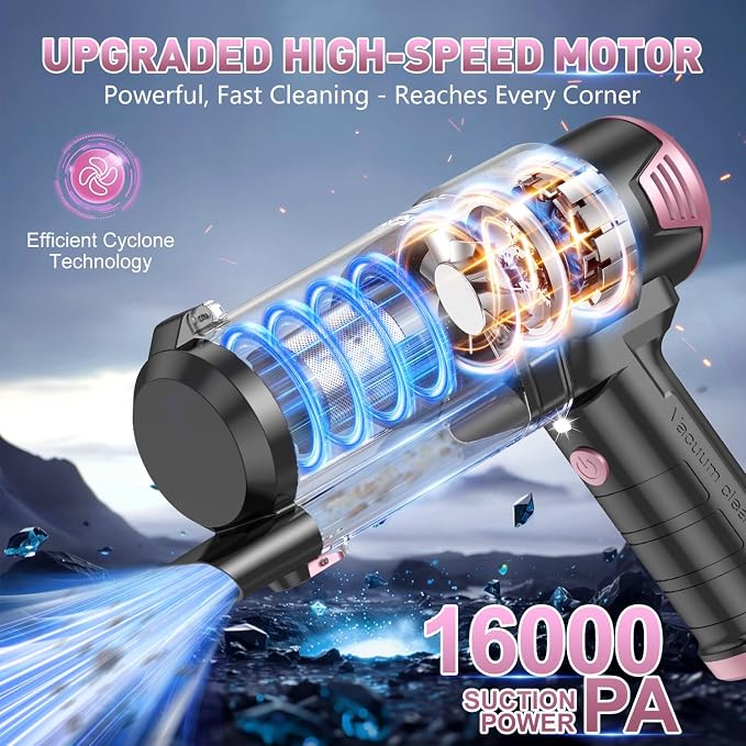 Handheld Car Vacuum Cleaner, 16000PA Air Duster & Vacuum Cleaner, 120W High Power Hand Held Vacuum Cordless, Portable Vacuum Rechargeable with Multi-Nozzles & LED Light for Car, Home, Pet, Office