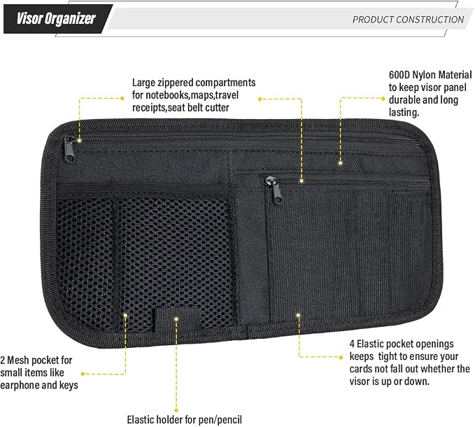 Car Sun Visor Organizer, Vehicle Visor Storage Pouch, Auto CD and Glasses Holder, Interior Car Accessories for Credit Card and Registration Document, Fits Most Cars, SUVs, Jeeps, Trucks