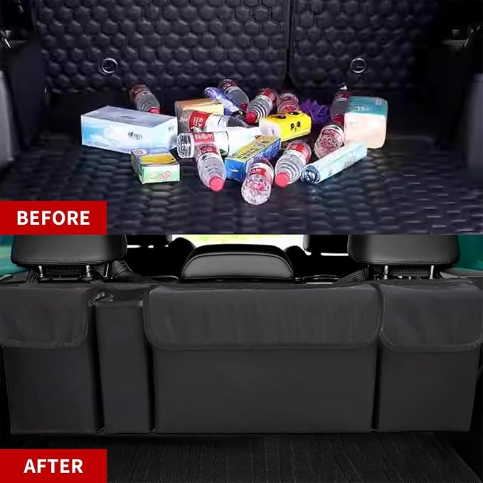 Car Trunk Organizer, Backseat Hanging Large Storage with Adjustable Straps,Waterproof PVC Collapsible Cargo Bag, Car Interior Accessories for Auto SUV MPV (Black)
