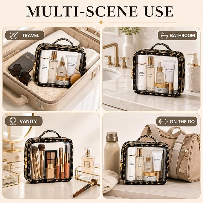 Clear Makeup Bags with Zipper, TSA Approved Travel Toiletry Bag, 2-Pack Large Clear Cosmetic Bag Handle, Waterproof Make Up Bag for Women, Car Bag Organizer & Car Organization Essentials