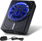 10" 440W Underseat Car Subwoofer, Slim Powered Car Subwoofers with Blue Ambient Light, Low Profile Audio Sub Under The Seat with Built-in Amplifier, Remote Controller for SUVs, Car, Truck, RV