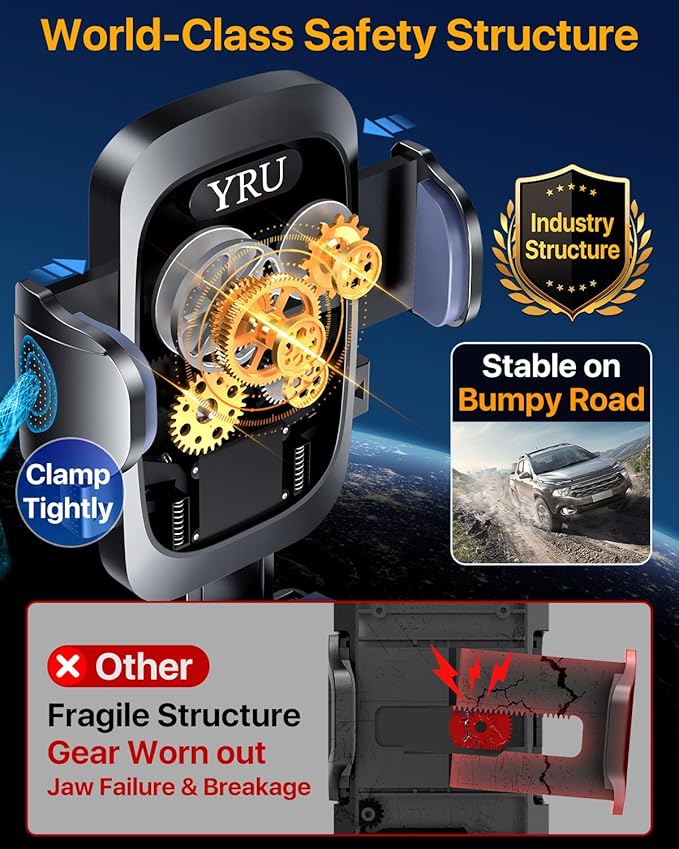 [True Upgrade for Safety] YRU Car Phone Holder Mount [Patent & Military-Grade]Dashboard Cell Phone Holder for Car Vent Windshield Phone Stand for iPhone 17 16 15 14 13 Pro Max Truck Samsung, Dark Blue