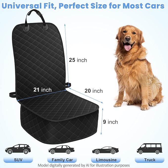Dog Car Seat Covers, Waterproof Front Seat Cover for Dogs, Scratch-Proof, Nonslip Pet Passenger Seat Cover Protector, Universal Fit for Cars Trucks SUVs, Large Size, Black