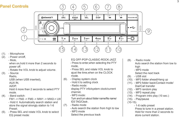 Continental TR7412UB-OR European Style 12v Radio Orange Display Bluetooth Bundle with AC111