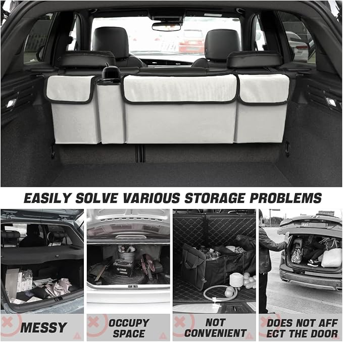 Car Trunk Organizer, Backseat Hanging Large Storage with Adjustable Straps, Waterproof Collapsible Cargo Bag with 4 Pockets, Sturdy Space Saver Frees Trunk Floor for SUV, Truck, MPV