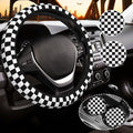 Black and White Checkered Steering Wheel Cover for Women，Steering Wheel Covers with Anti-Slip Lining, Universal 14.5-15 inchs Car Interior Accessories with 2PCS Car Coasters