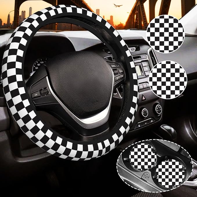 Black and White Checkered Steering Wheel Cover for Women，Steering Wheel Covers with Anti-Slip Lining, Universal 14.5-15 inchs Car Interior Accessories with 2PCS Car Coasters