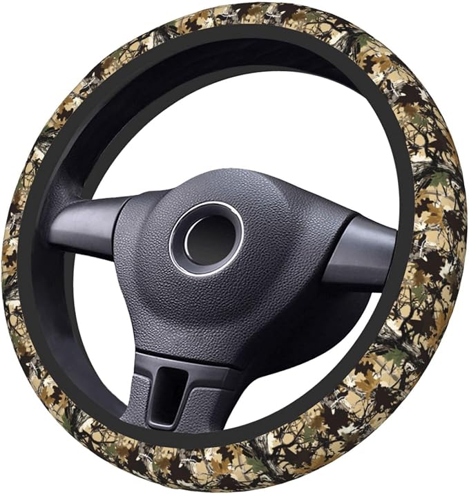 Forest Camo Neoprene Steering Wheel Cover Anti-Slip Elastic Comouflage Tree Hunting Steering Wheel Protective Cover 15in Universal Car Accessories Fit Cars, SUVs, Auto