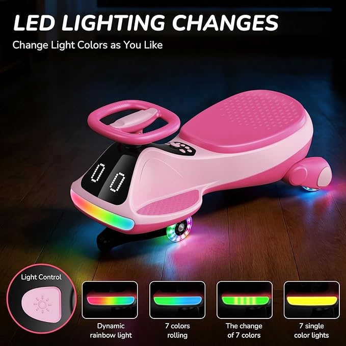 12V Electric Wiggle Car for Kids with Pedal, Display, Rechargeable Battery, LED Light, Bluetooth, Light-Up Wheels, Anti-Rollover, 2 Speeds, Ride on Toys, Birthday Gifts for Age 3+, 150Lbs