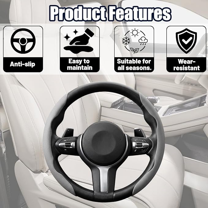 2PCS/Set Car Steering Wheel Cover, Leather Segmented Anti-Slip Automotive Wheel Protector, Soft Breathable Vehicle Steering Protection Covers, Universal Interior Accessories (Gray)