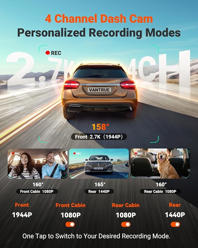N5S 4 Channel 360 Degree 2.7K Dash Cam, 4CH STARVIS 2 Night Vision, 2.7K+1080P*2+1440P Front Rear Inside Dashcam, 24/7 Buffered Parking Mode, WiFi, Voice Control, Dual GPS, Support 1TB Max