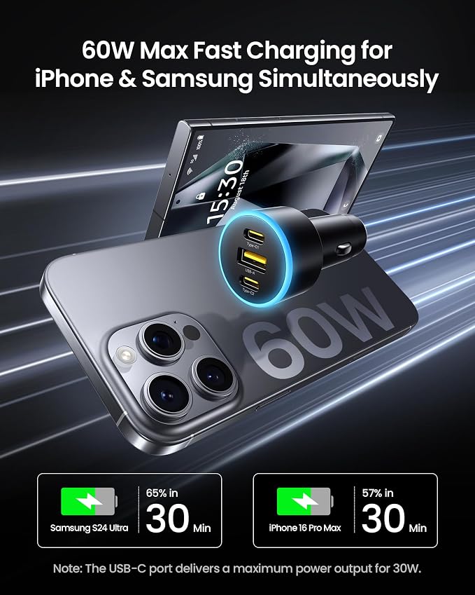 60W USB C Car Charger - Car Phone Charger Adapter PD30W & QC3.0 Fast Charging, Car USB Charger Multi Port, Cigarette Lighter USB Charger, Car Charger with LED for iPhone 17/16/15/14/13/12 Series