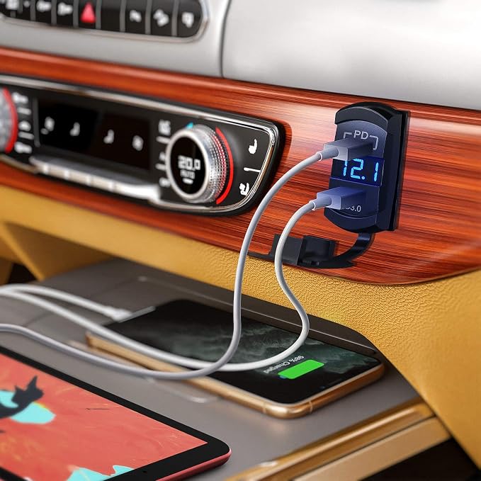 Rocker Switch Style USB Outlet LED Voltmeter Quick Connector 12V PD Type C and USB QC 3.0 Cars Replacement with Inline Fuse for Switches Panel on Boats RV Truck Car