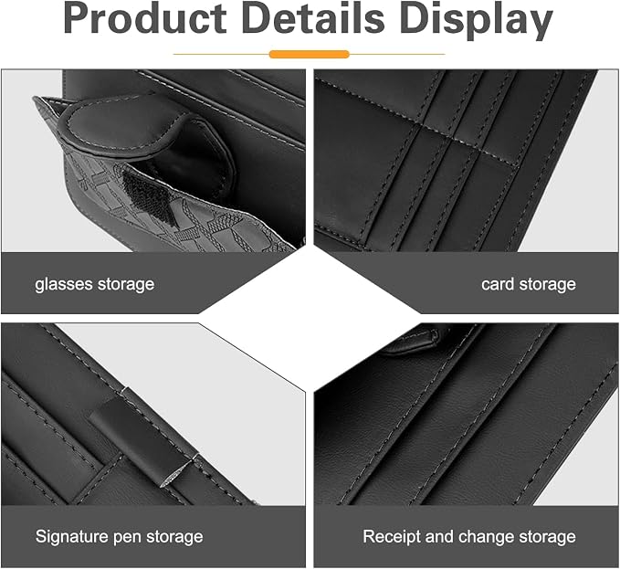 Car Sun Visor Organizer, Multi-Function Leather Car Visor Storage Pouch for Sunglasses Cards Licenses Pens, Multi-Pocket Visor Organizer, Universal for SUV, Sedan, Truck (Black)