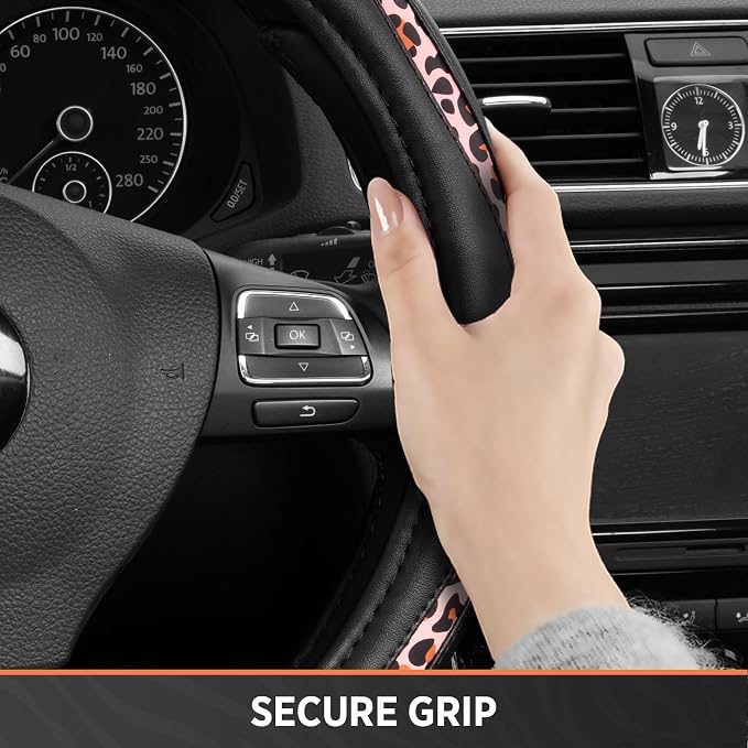 Steering Wheel Cover - Made with PVC Leather and Leopard Fabric - Universal 14 1/2 inches to 15 inches for Most Automotive Steering Wheel - Cheetah Print - Pink Leapord