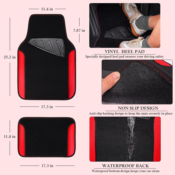 Faux Leather Steering Wheel Cover and Waterproof Car Floor Mats,Universal Car Combo Fit for 95% Sedan,SUV,Cars,14.5-15inch Sporty Anti-Slip Safety Comfortable Design(Black＆Red)