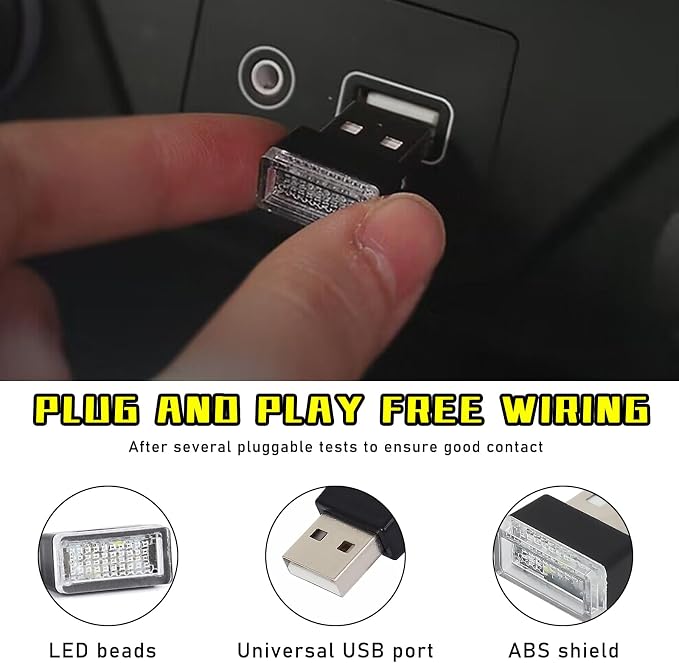 4 PCS USB LED Car Interior Atmosphere Lamp, Plug-in USB Decor Night Light, Portable Auto Ambient Lighting Kit, Universal Vehicle Interior Accessories for Most Cars (Yellow)