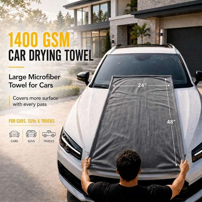 Car Drying Towel, Extra Large 48 x 24 Inch, 1400 GSM, Dual-Grey | Twisted Loop Microfiber Towel for Cars - Absorbent Car Dry Towel and Car Wash Towel for Streak-Free, Paint-Safe Car Detailing