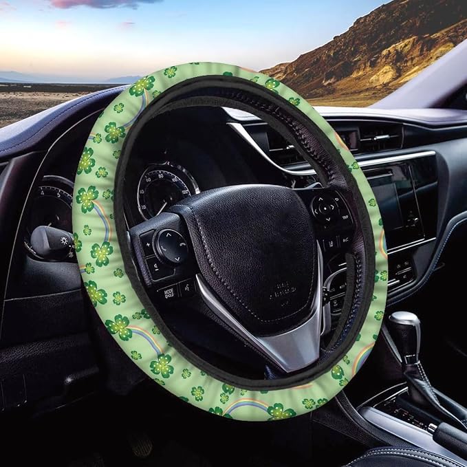 Universal Steering Wheel Cover Sweat Absorption Car Steering Wheel Cover Polyester Cover with Anti-Slip Lining for Van Truck Car SUV, St.Patrick's Day Shamrock Rainbow Pattern