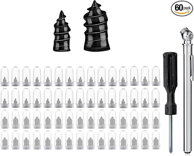 60PCS Tire Repair Rubber Nail, Car Puncture Repair Kit with Screwdriver, Universal Tire Screw Plug Fast Tool Kit for Car, Motorcycle, Truck, Tractor, with 1 Pencil Tire Pressure Gauge(30S+30L)