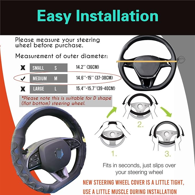 D Shaped 14.5-15 Inch Steering Wheel Cover Great Grip with 3D Honeycomb Anti-Slip Design, Flat Bottom 14.5-15 Inch (Blue)