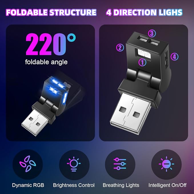 4 Pcs Mini USB LED Light Car LED Interior Lighting 5v RGB Foldable Ambient Lighting Adjustable 8 Color and Brightness Smart USB Night Lamp for Cars Laptop Keyboard (USB-A)