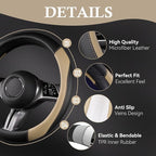 Faux Leather Steering Wheel Cover and Waterproof Car Floor Mats,Universal Car Combo Fit for 95% Sedan,SUV,Cars,14.5-15inch Sporty Anti-Slip Safety Comfortable Design(Black＆Beige)