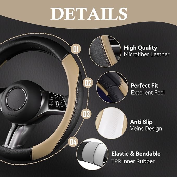 Faux Leather Steering Wheel Cover and Waterproof Car Floor Mats,Universal Car Combo Fit for 95% Sedan,SUV,Cars,14.5-15inch Sporty Anti-Slip Safety Comfortable Design(Black＆Beige)