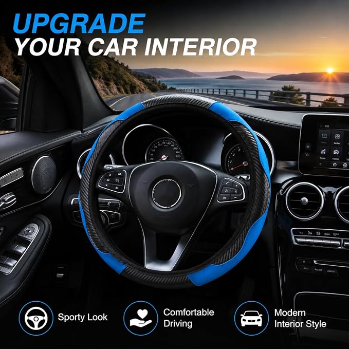 Car Steering Wheel Cover 15 inch, Microfiber PU Leather Elastic Steering Wheel Protector, Anti-Slip Breathable Car Interior Accessories for Most Cars (Blue)