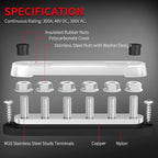 300A Bus Bar 12V Marine 12V Power Distribution Block with Cover 6 x 3/8" (M10) Terminal Studs Max 300V AC 48V DC Positive & Ground Busbar for Automotive Car Boat
