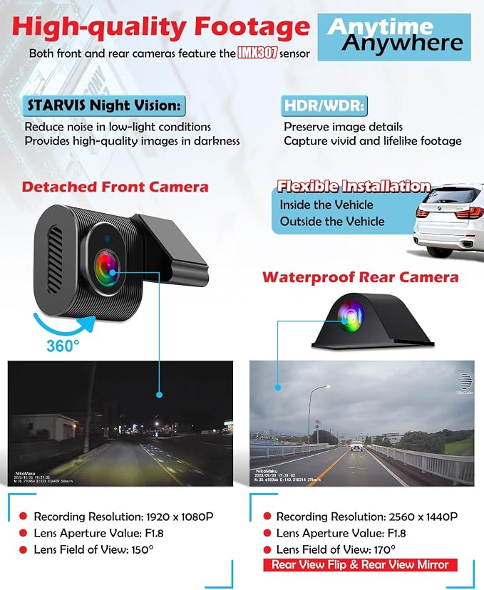Real OEM Rear View Mirror Camera with Detached Front Lens, Mirror Dash Cam 10" Full Touch Screen for Car, 2K Zoom, IMX 307 HDR, STARVIS Night Vision, Built-in GPS, ASX II V2.0