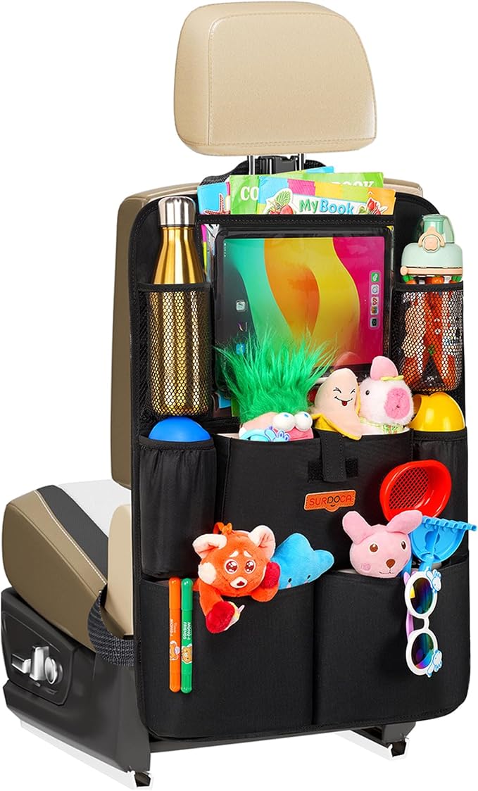 Upgraded Car Organizer with 11-inch Tablet Holder, 8 Pockets, Car Seat Protector for Road Trips - Car Storage and Organizers for Kids