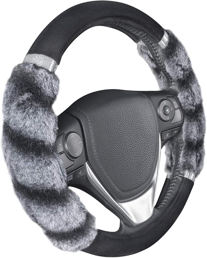 Bear Fur Plush Steering Wheel Cover - Cute Faux Wool Protector for Women Girls Fits Wheels 14.5-15 inch Bear Fur - Black/Gray with Glitter