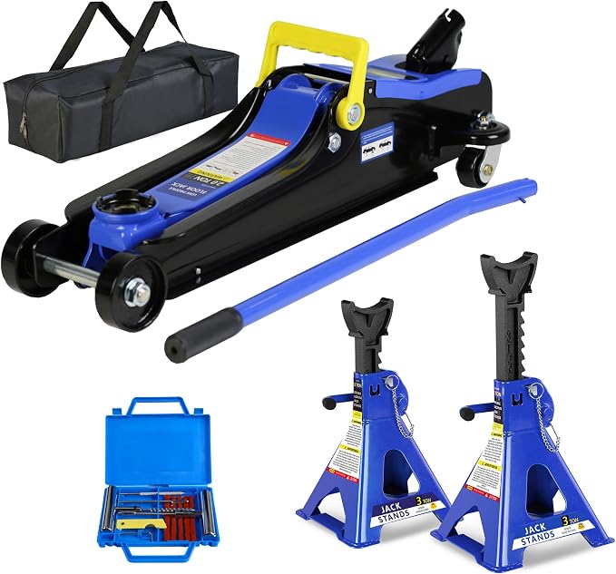 Set of 5 Floor Jack and Jack Stands, 2 Ton(4400lb) Low Profile Floor Jack,2 Piece 3T Jack Stand &12 Piece Tire Repair Kit Heavy Duty Steel Racing Floor Jacks with Single Piston Quick Lift Pump