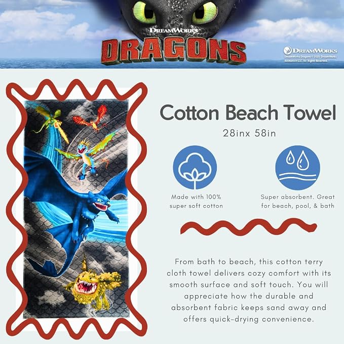 How to Train Your Dragon Toothless Kids Super Soft Cotton Bath/Pool/Beach Towel, 58 in x 28 in, (Offically Licensed Product) by