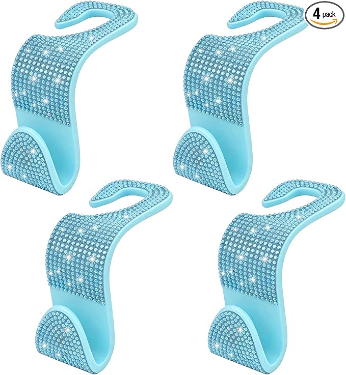 4PCS Bling Car Seat Headrest Hooks, Purse Holder for Car, Vehicle Back Seat Purse Handbag Hanging Holder with Crystal Rhinestone, Diamond Car Rear Seat Organizer for Vehicles (Lake Blue)