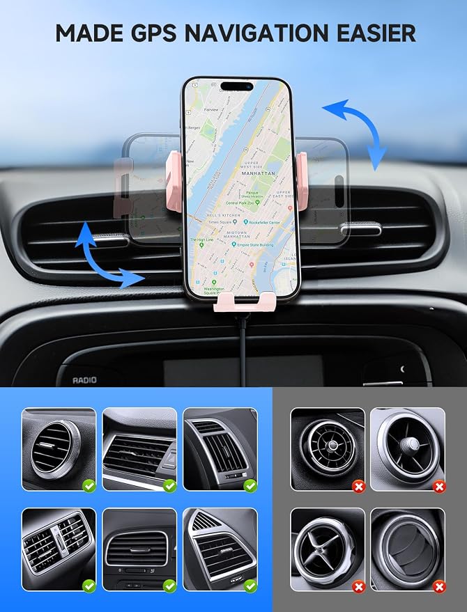 Wireless Car Charger, 15W Auto Clamping Car Charger Dash Windshield Air Vent Phone Holder Compatible with iPhone 16 15 14/13/13 Pro/12 pro/12/11/X/8, Samsung S24/S23/S22, Pink