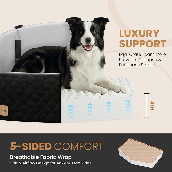 Dog Car Seat for Medium/Large Dogs, Memory Foam Dog Booster Seat with Thick Cushion up to 55 lbs or 2 Small Dogs, Travel Pet Car Seat with Detachable Washable Cover, 2 Safety Leashes (Black/Grey)