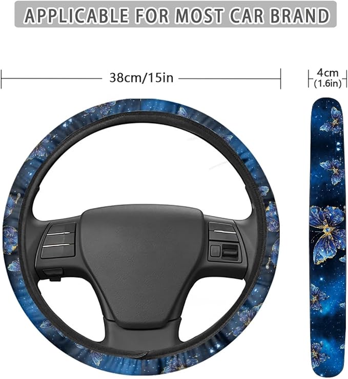 Steering Wheel Cover for Most Cars Universal Fit 14 to 15 inch | Blue Butterfly, Anti-slip Steering Wheel Protector, No Smell Fashion, Easy Install