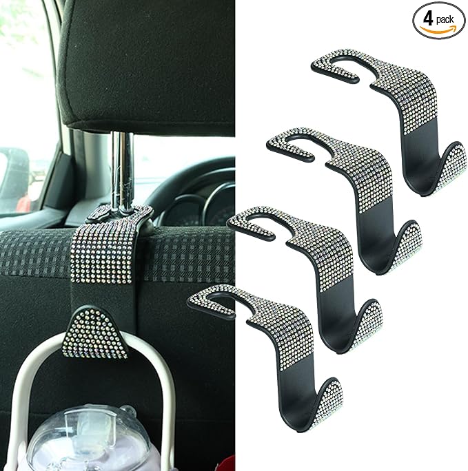 4PCS Bling Car Seat Headrest Hooks, Vehicle Back Seat Purse Handbag Hanging Holder with Crystal Rhinestone, Diamond Storage Organizer Hook,Bling Car Accessories for Women (Colorful)