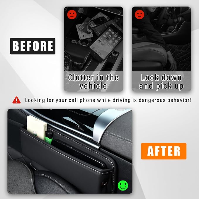 Car Seat Gap Organizer, Premium Leather Auto Seat Storage Box, Vehicle Adjustable Front Seat Gap Filler, Car Seat Side Pocket Organizer for Phones, Glasses, Keys, Money, Cards (Black)