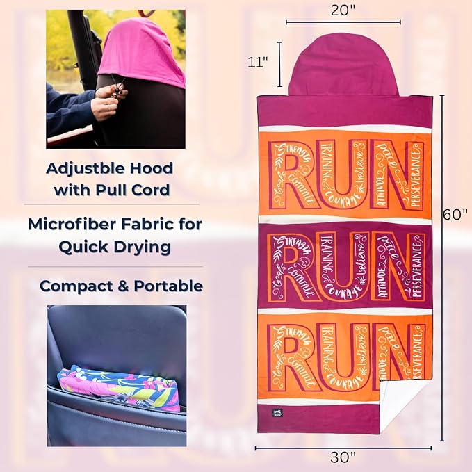 Car Seat Towel Cover – Hooded Moisture-Wicking Microfiber Seat Protector – 30" x 60" – for Runners and Outdoor Enthusiasts – Run with Inspiration