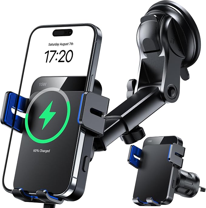 Wireless Car Charger, 15W Auto Clamping Car Charger Dash Windshield Air Vent Phone Holder Compatible with iPhone 16 15 14/13/13 Pro/12 pro/12/11/X/8, Samsung S24/S23/S22, Blue