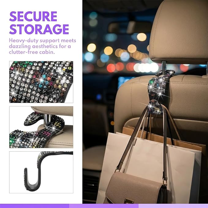 Bling Car Seat Headrest Hooks, 2PCS Leopard Print Backseat Storage Hanger Hooks for Women, Automotive Interior Rear Headrest Decoration Organizers, Universal for Vehicles (Multicolor)