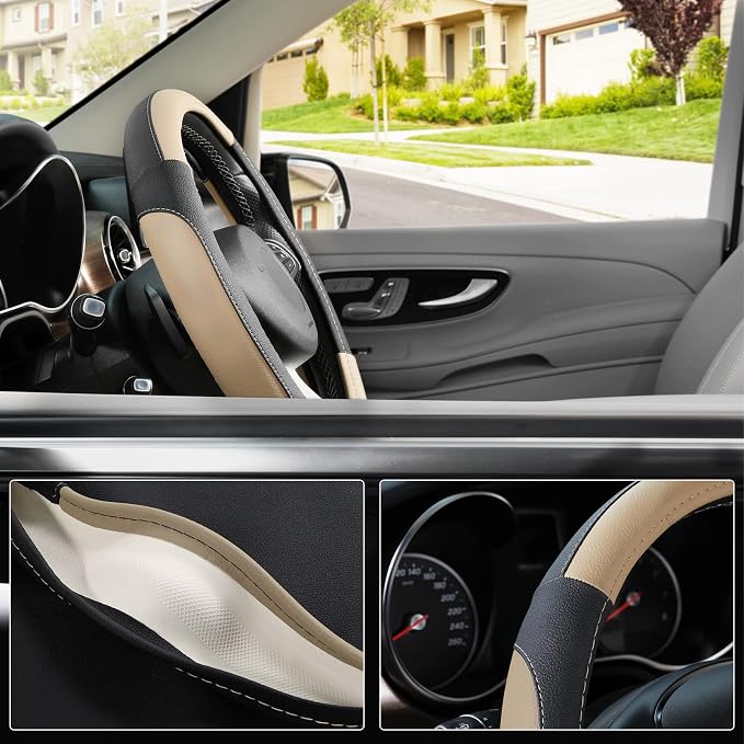 Car Steering Wheel Cover Universal Standard Size 14.5-15 inch, Black and Beige Microfiber Leather